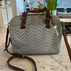 FOSSIL Flat Woven Crossbody Bag Black White Leather Fuchsia Interior